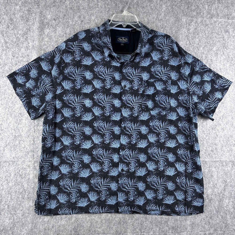 Nat Nast Shirt Mens XXL Blue Silk Cotton Tropical Palm Leaf Resort‎ Button Up